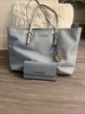 Michael Kors Pale Blue Saffiano Leather Tote with Matching Wallet